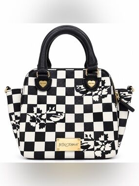 Betsey Johnson Checkerboard Floral Satchel Handbag Black White Gold Tone Purse